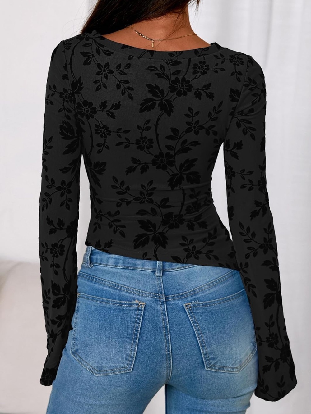 Black Floral Long-Sleeve Slim Fit Top